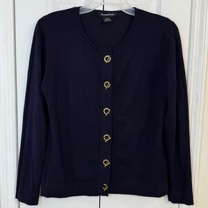 Karson Taylor Women's Navy Blue Cardigan Sweater XL Gold Button Long Sleeve Knit